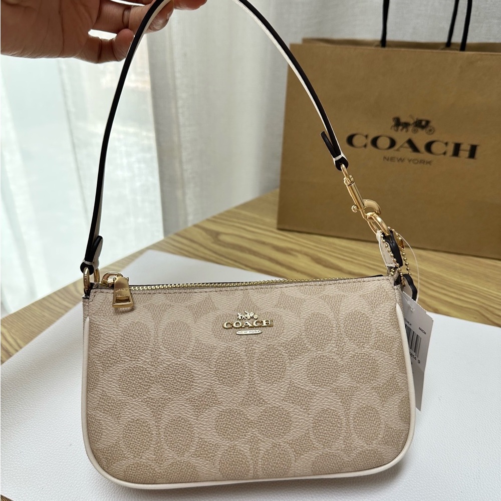 Coach Signature Canvas Shoulder Bag in Beige with Black Strap and Gold Hardware